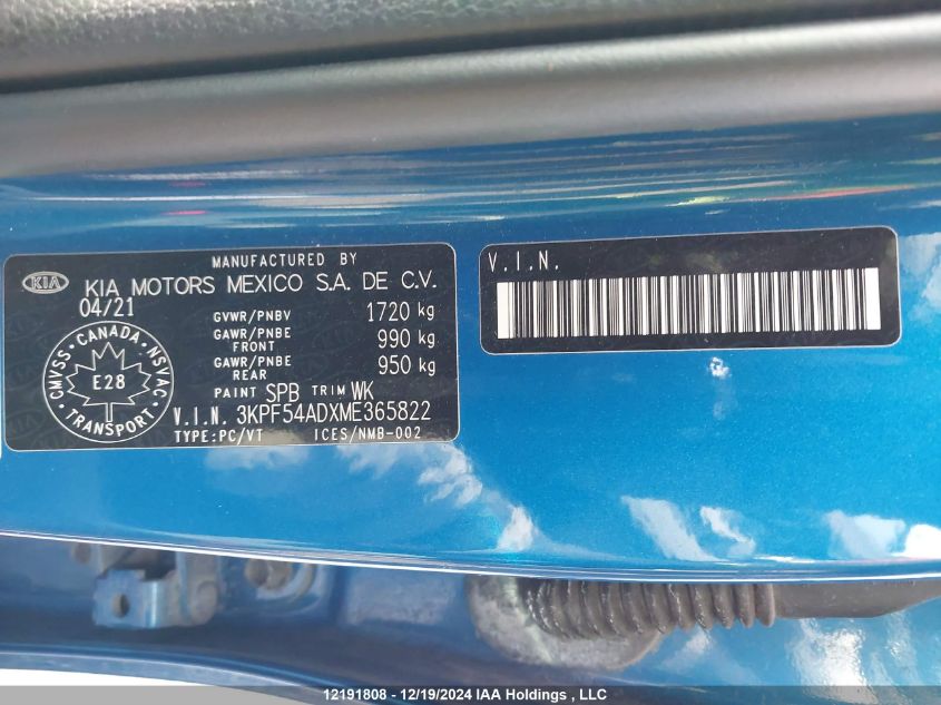2021 Kia Forte VIN: 3KPF54ADXME365822 Lot: 12191808