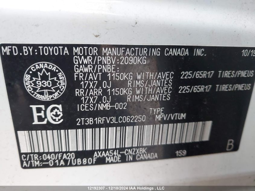 2020 Toyota Rav4 Le VIN: 2T3B1RFV3LC062250 Lot: 12192307