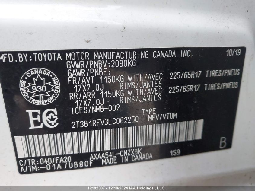 2020 Toyota Rav4 Le VIN: 2T3B1RFV3LC062250 Lot: 12192307