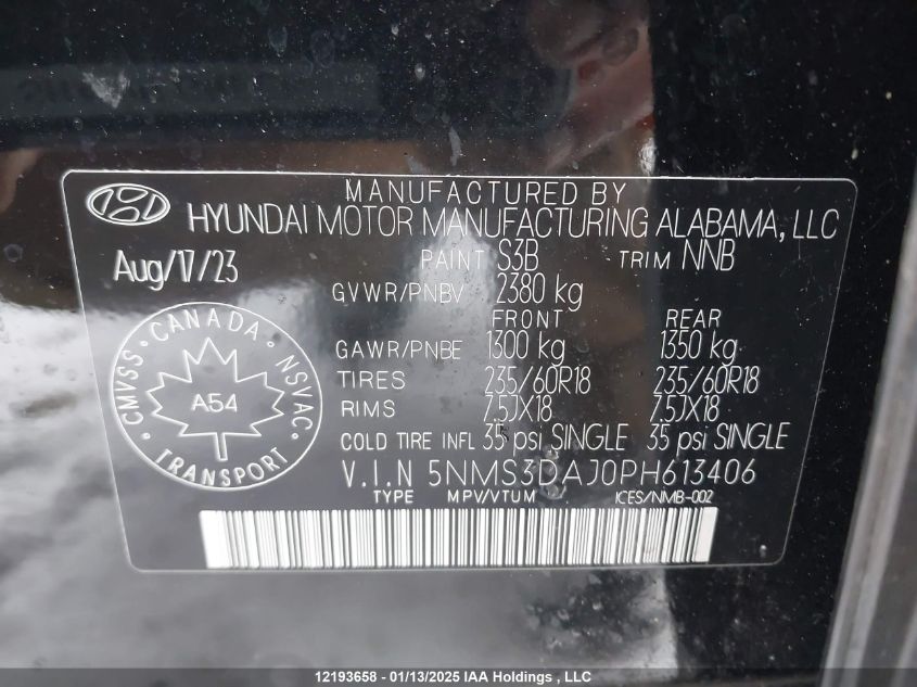 2023 Hyundai Santa Fe Sel Premium VIN: 5NMS3DAJ0PH613406 Lot: 12193658