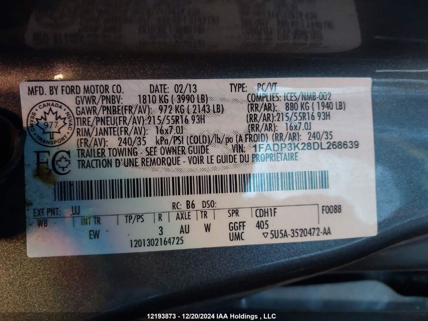 2013 Ford Focus Se VIN: 1FADP3K28DL268639 Lot: 12193873