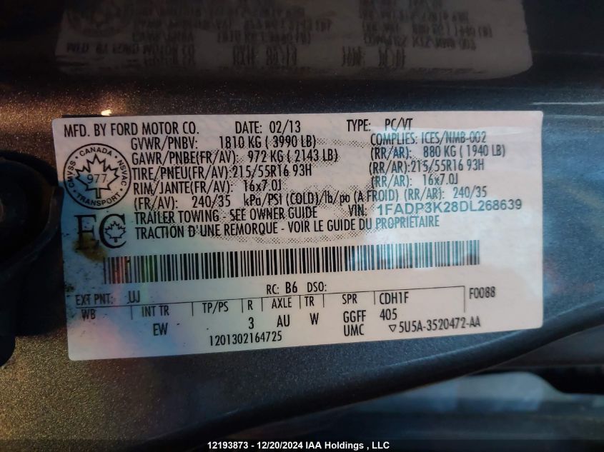 2013 Ford Focus Se VIN: 1FADP3K28DL268639 Lot: 12193873