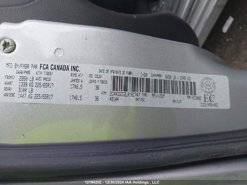 2020 Dodge Grand Caravan VIN: 2C4RDGCG2LR161747 Lot: 12194202