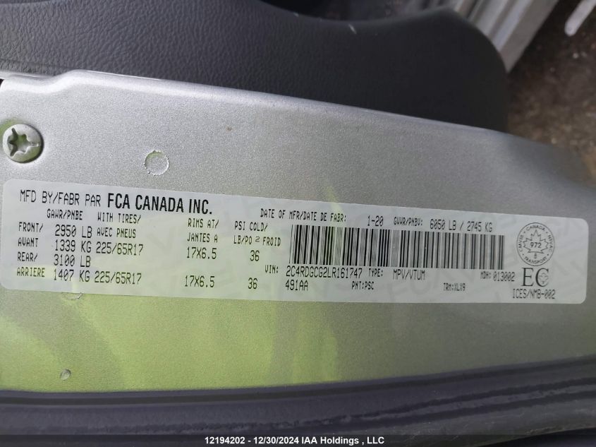 2020 Dodge Grand Caravan VIN: 2C4RDGCG2LR161747 Lot: 12194202