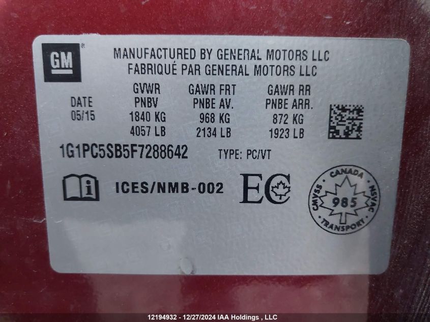 2015 Chevrolet Cruze VIN: 1G1PC5SB5F7288642 Lot: 12194932