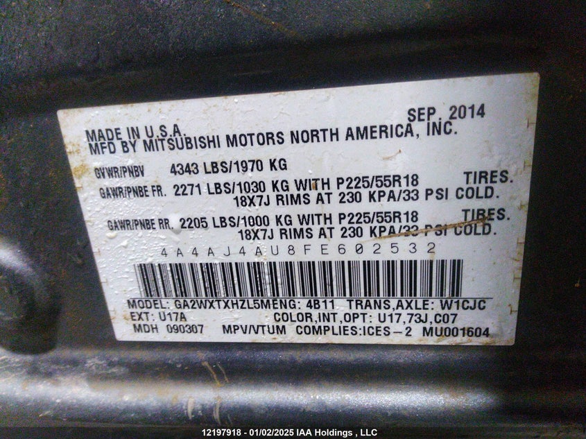 2015 Mitsubishi Rvr VIN: 4A4AJ4AU8FE602532 Lot: 12197918