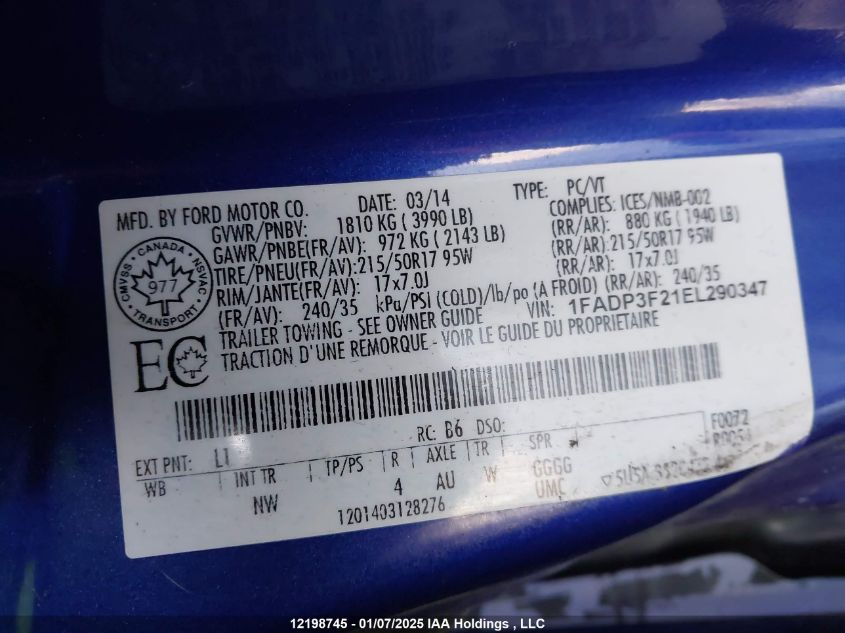 2014 Ford Focus Se VIN: 1FADP3F21EL290347 Lot: 12198745