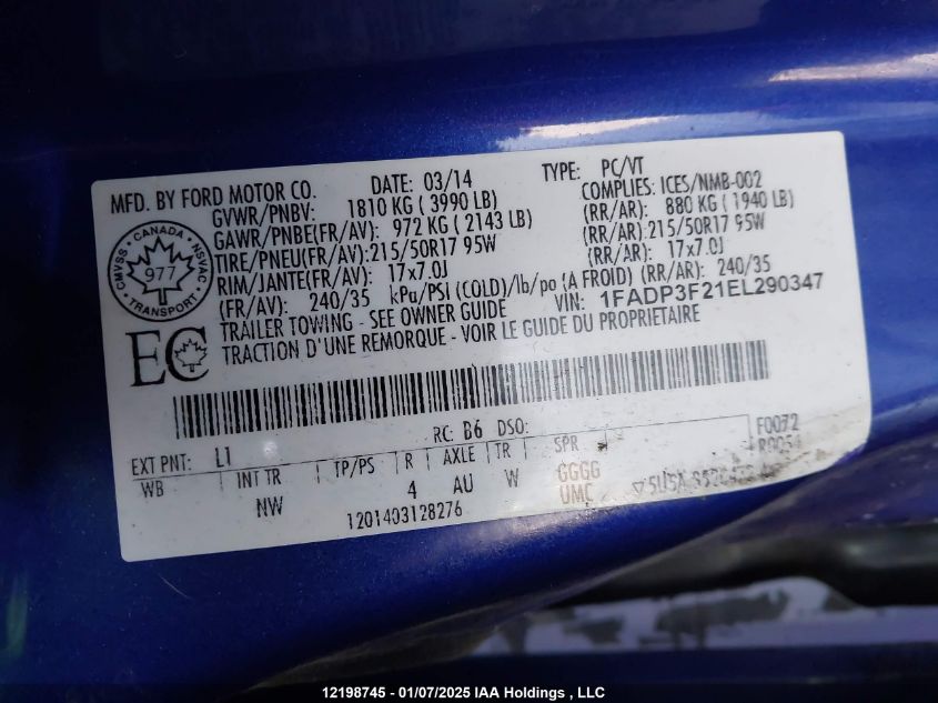 2014 Ford Focus Se VIN: 1FADP3F21EL290347 Lot: 12198745