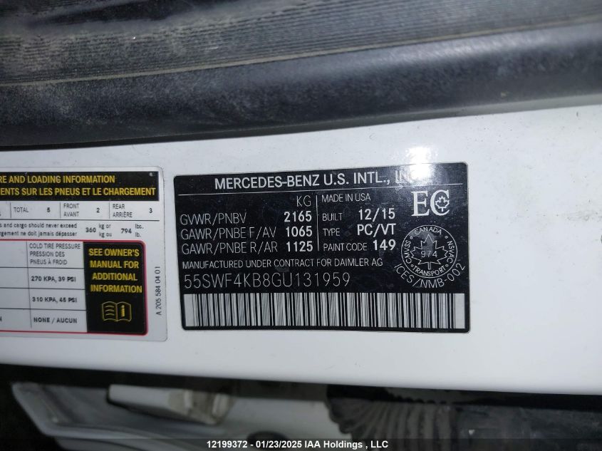 2016 Mercedes-Benz C 300 4Matic VIN: 55SWF4KB8GU131959 Lot: 12199372