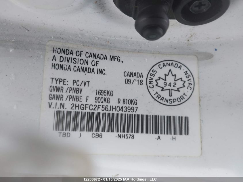 2018 Honda Civic Sedan VIN: 2HGFC2F56JH043997 Lot: 12200672
