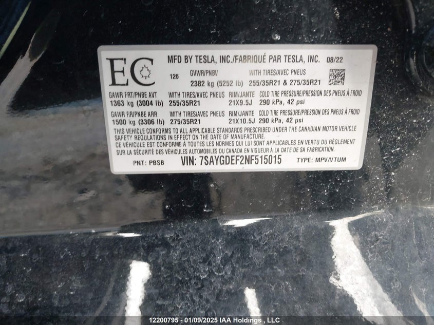 7SAYGDEF2NF515015 2022 TESLA MODEL Y photo no. 9