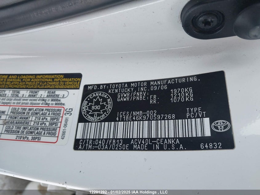 2007 Toyota Camry Le/Se VIN: 4T1BE46K97U597268 Lot: 12201292