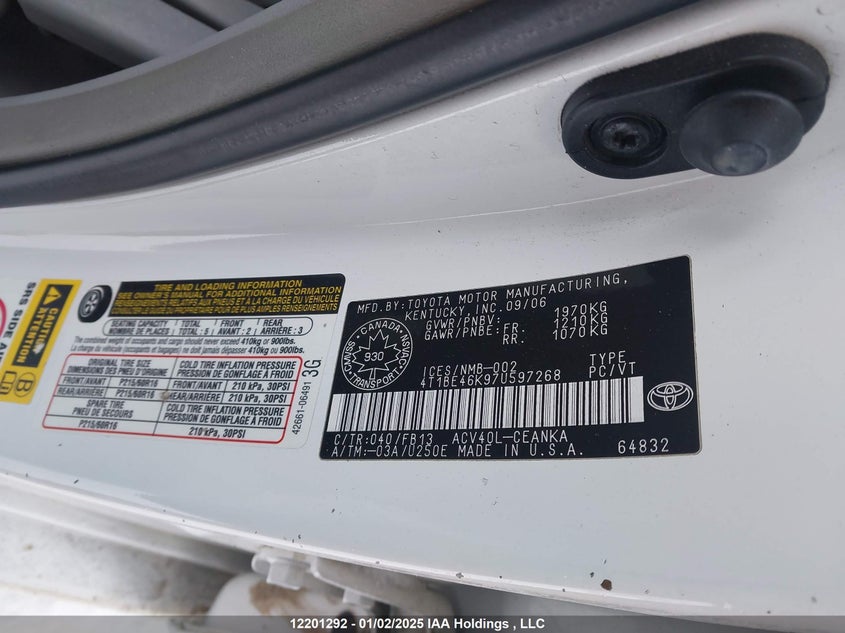 2007 Toyota Camry Le/Se VIN: 4T1BE46K97U597268 Lot: 12201292