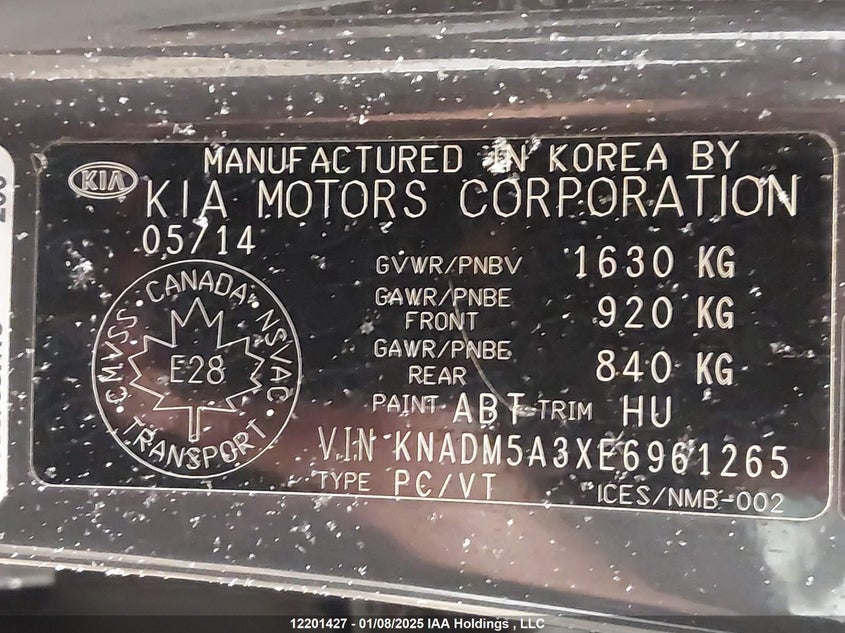 2014 Kia Rio Ex/Lx/Lx+/Sx VIN: KNADM5A3XE6961265 Lot: 12201427