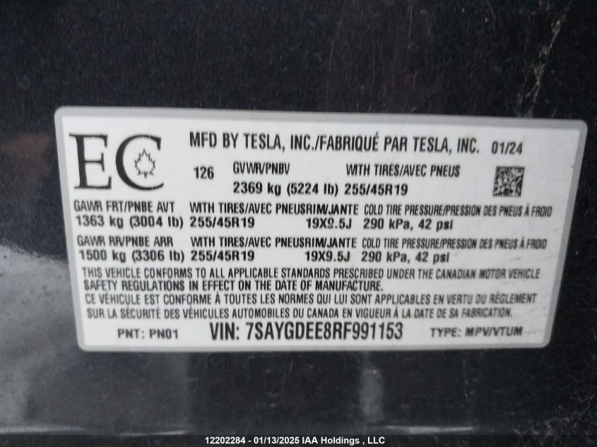 2024 Tesla Model Y Long Range VIN: 7SAYGDEE8RF991153 Lot: 12202284