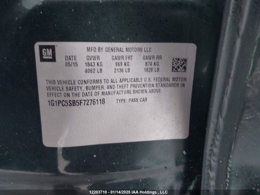 2015 Chevrolet Cruze 1Lt Auto VIN: 1G1PC5SB5F7276118 Lot: 12203710