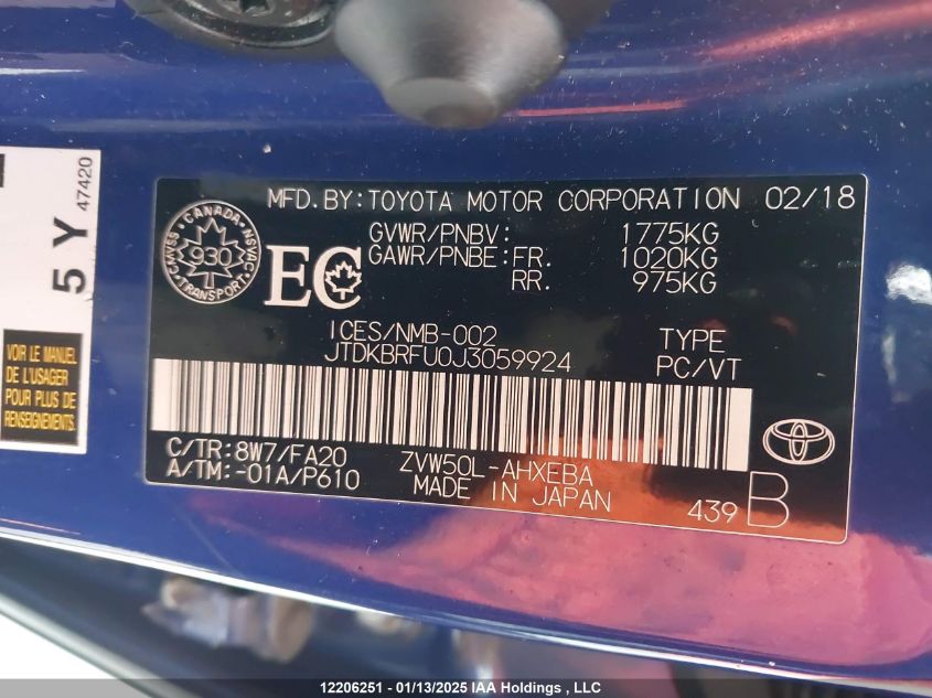 2018 Toyota Prius VIN: JTDKBRFU0J3059924 Lot: 12206251