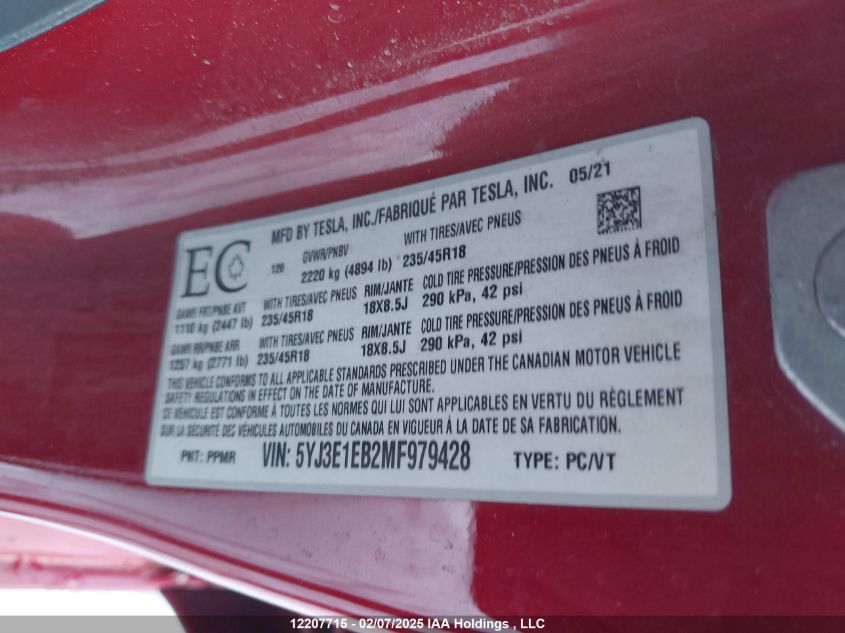2021 Tesla Model 3 VIN: 5YJ3E1EB2MF979428 Lot: 12207715