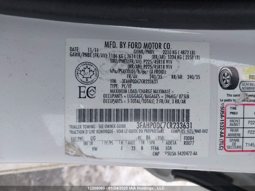 2012 Ford Fusion Sport VIN: 3FAHP0DC7CR233631 Lot: 12208093