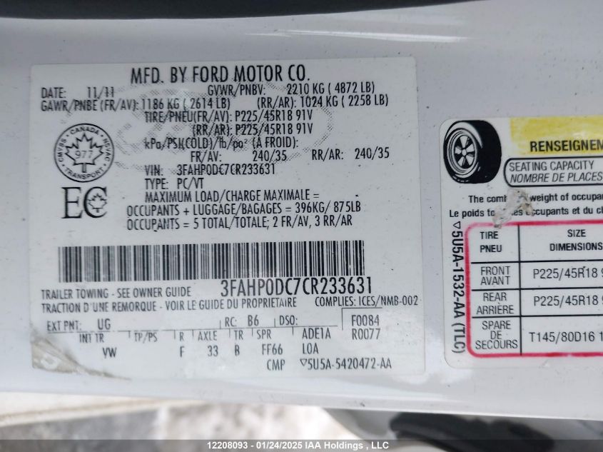 2012 Ford Fusion Sport VIN: 3FAHP0DC7CR233631 Lot: 12208093