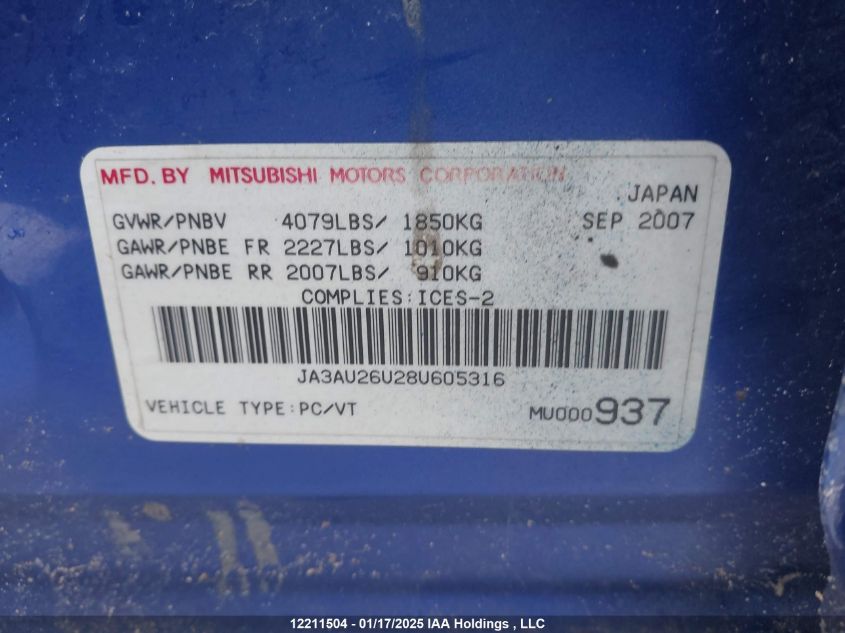 2008 Mitsubishi Lancer VIN: JA3AU26U28U605316 Lot: 12211504