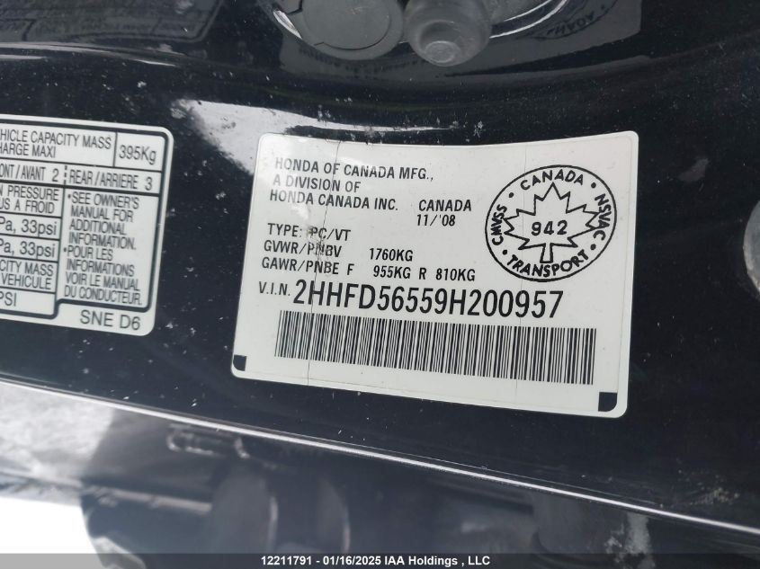 2009 Acura Csx VIN: 2HHFD56559H200957 Lot: 12211791