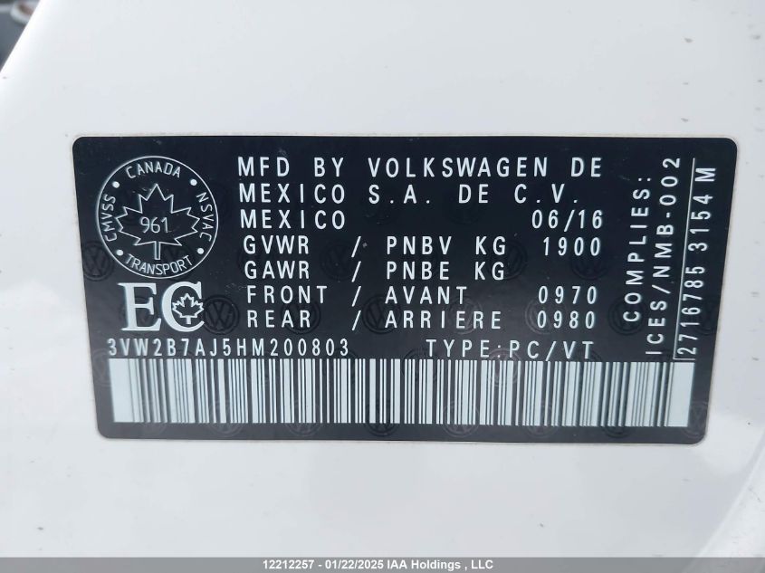 2017 Volkswagen Jetta Sedan VIN: 3VW2B7AJ5HM200803 Lot: 12212257