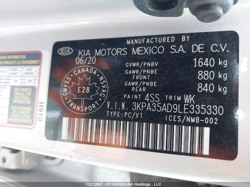 2020 Kia Rio 5-Door VIN: 3KPA35AD9LE335330 Lot: 12212667