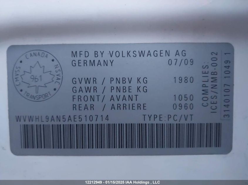 2010 Volkswagen Cc Luxury VIN: WVWHL9AN5AE510714 Lot: 12212949