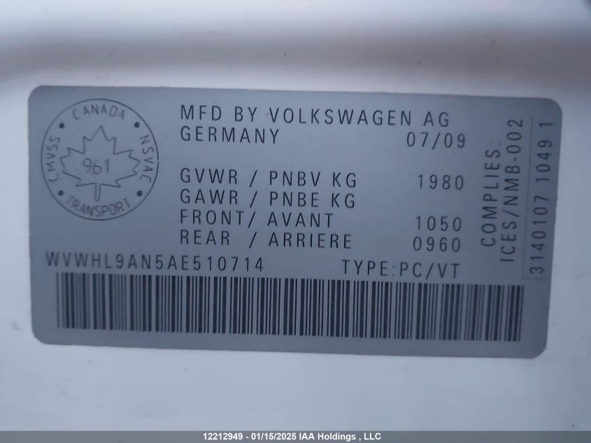 2010 Volkswagen Cc Luxury VIN: WVWHL9AN5AE510714 Lot: 12212949