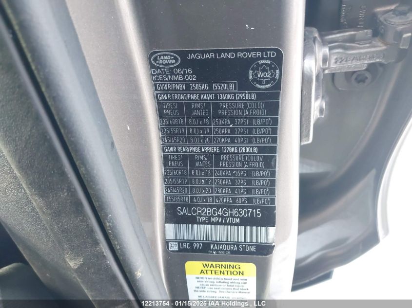 2016 Land Rover Discovery Sport VIN: SALCR2BG4GH630715 Lot: 12213754