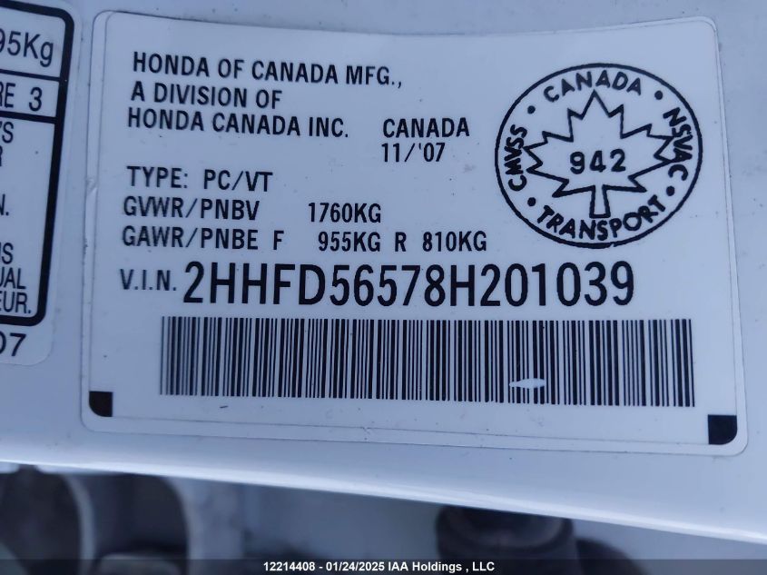 2008 Acura Csx VIN: 2HHFD56578H201039 Lot: 12214408