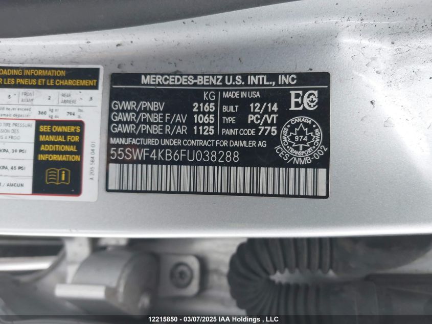 2015 Mercedes-Benz C 300 4Matic VIN: 55SWF4KB6FU038288 Lot: 12215850