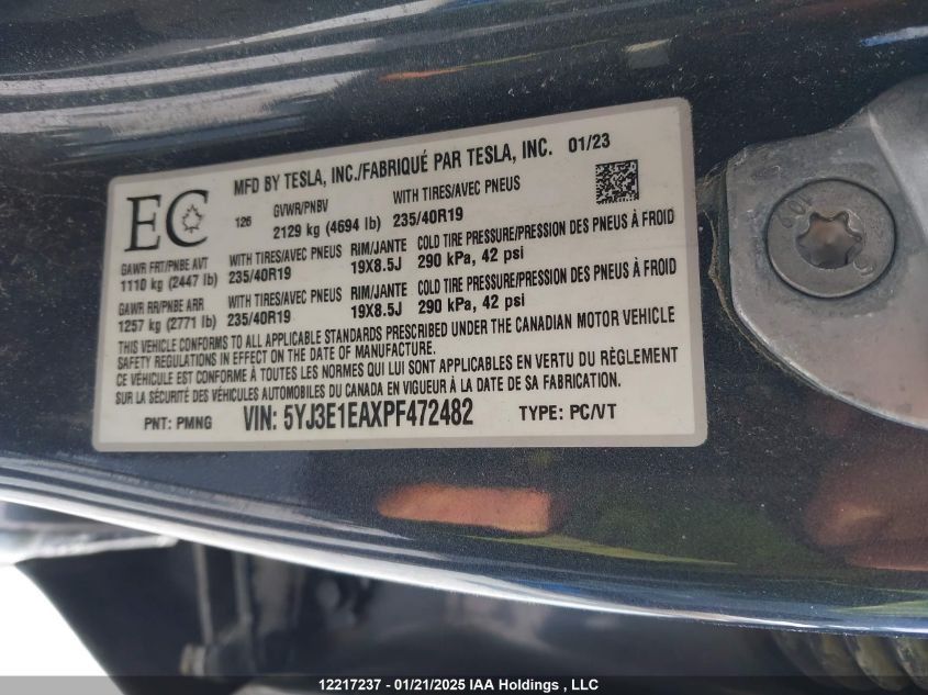2023 Tesla Model 3 VIN: 5YJ3E1EAXPF472482 Lot: 12217237