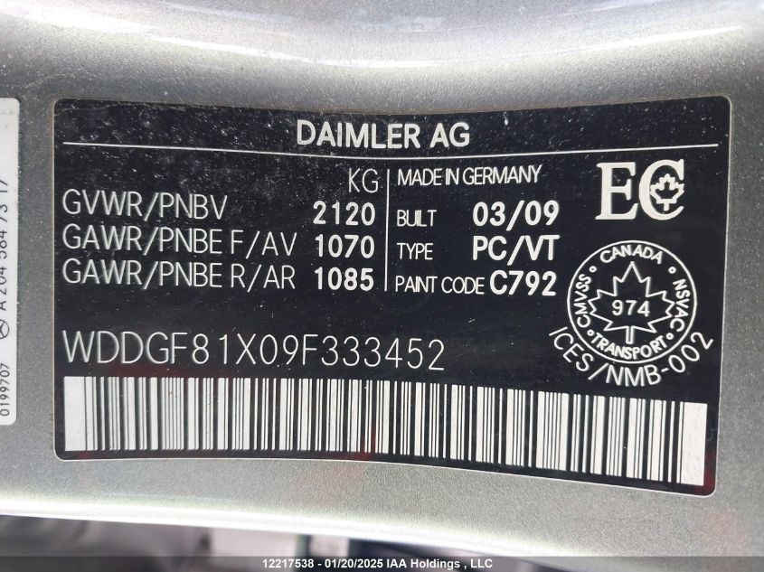 2009 Mercedes-Benz C-Class VIN: WDDGF81X09F333452 Lot: 12217538