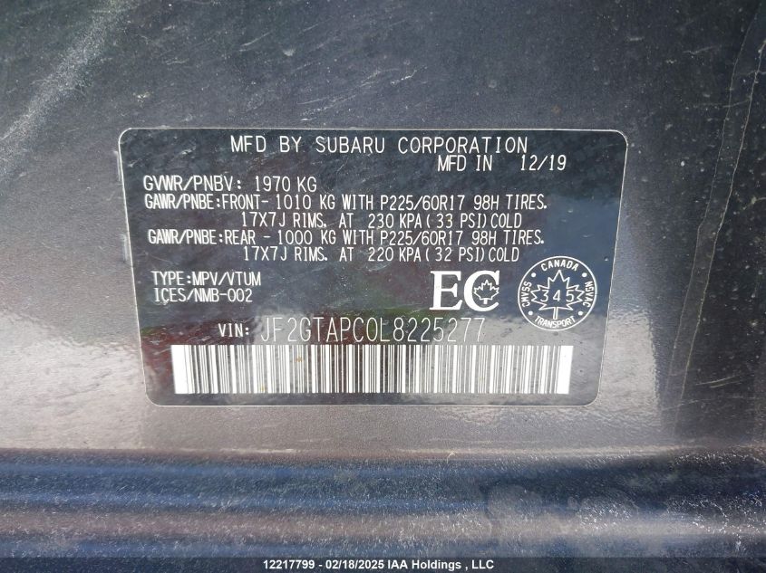 2020 Subaru Crosstrek Touring VIN: JF2GTAPC0L8225277 Lot: 12217799