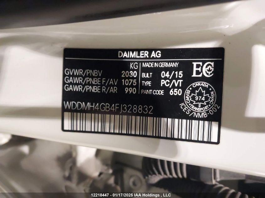 2015 Mercedes-Benz B-Class VIN: WDDMH4GB4FJ328832 Lot: 12218447