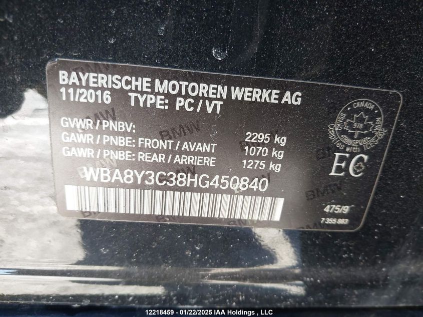 2017 BMW 340I Gran Turismo xDrive VIN: WBA8Y3C38HG450840 Lot: 12218459