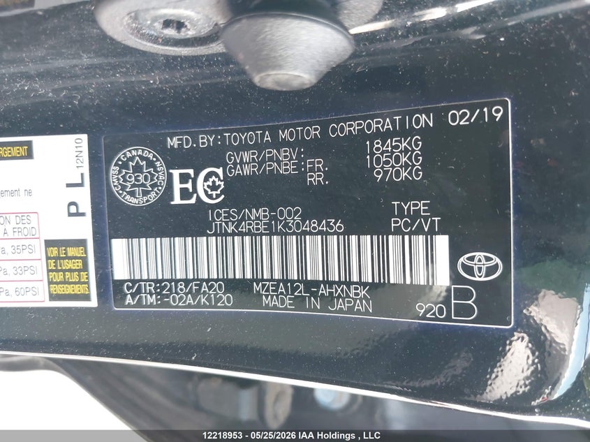 2019 Toyota Corolla VIN: JTNK4RBE1K3048436 Lot: 12218953
