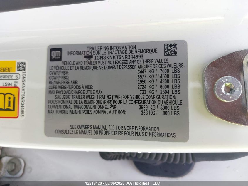 2022 Chevrolet Tahoe K1500 Lt VIN: 1GNSKNKT5NR344893 Lot: 12219129