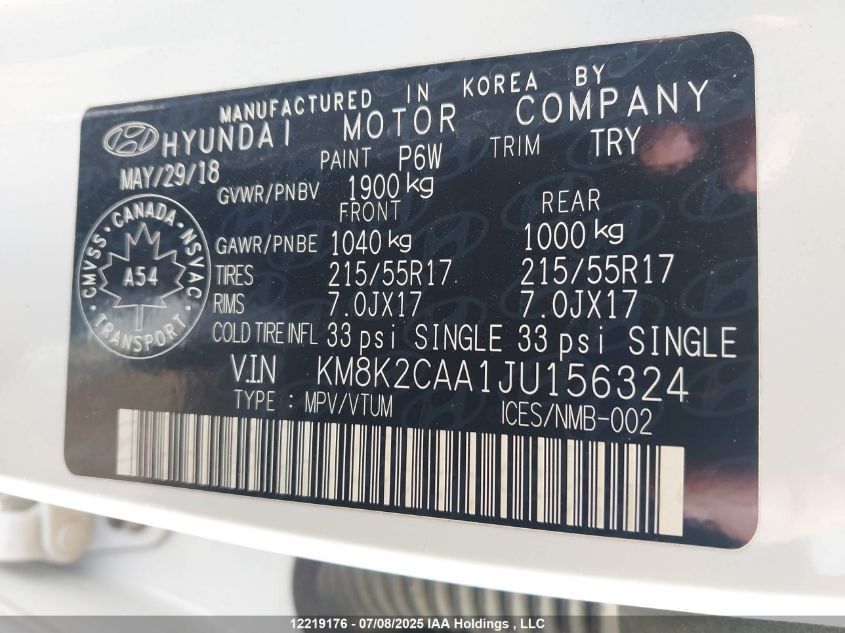 2018 Hyundai Kona 2.0L Preferred VIN: KM8K2CAA1JU156324 Lot: 12219176