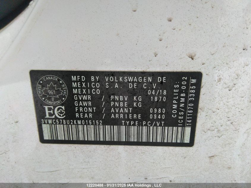 2019 Volkswagen Jetta 1.4 Tsi Comfortline VIN: 3VWC57BU2KM015152 Lot: 12220488