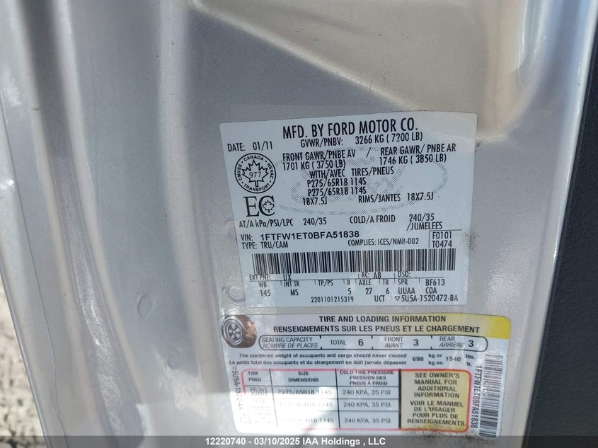 1FTFW1ET0BFA51838 2011 FORD F-150 photo no. 9