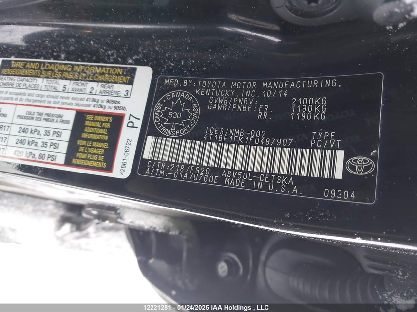 2015 Toyota Camry Se VIN: 4T1BF1FK1FU487907 Lot: 12221281