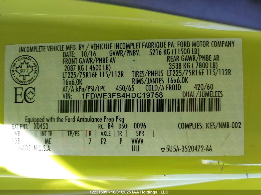 2017 Ford Econoline E350 Super Duty Ctway Van VIN: 1FDWE3FS4HDC19758 Lot: 12221599