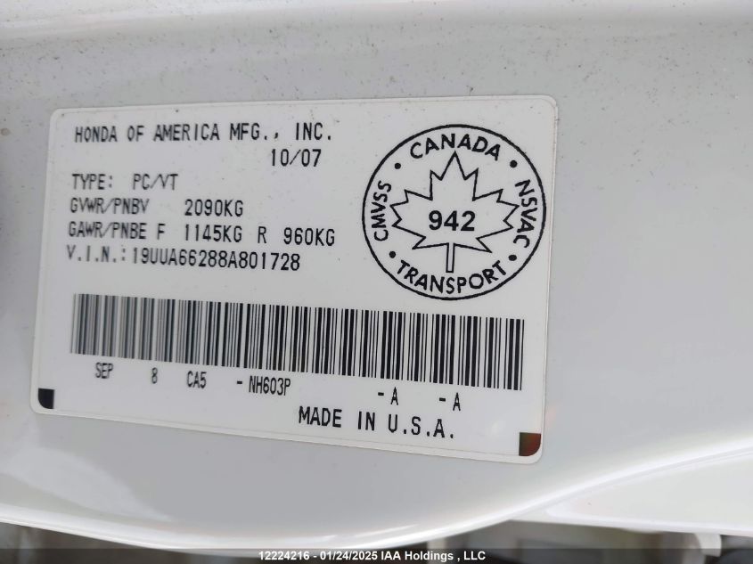 2008 Acura Tl VIN: 19UUA66288A801728 Lot: 12224216