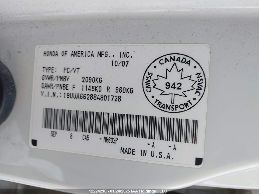 2008 Acura Tl VIN: 19UUA66288A801728 Lot: 12224216