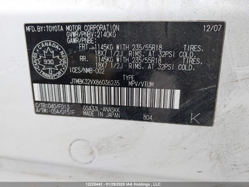 2008 Toyota Rav4 Sport V6 VIN: JTMBK32VX86036235 Lot: 12225442