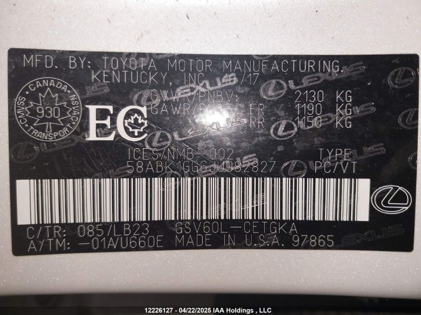 2018 Lexus Es 350 350 VIN: 58ABK1GG6JU082827 Lot: 12226127