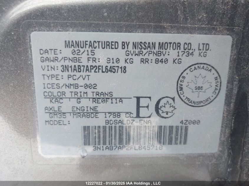 2015 Nissan Sentra 1.8 S/1.8 Sl/1.8 Sr/1.8 Sv VIN: 3N1AB7AP2FL645718 Lot: 12227022